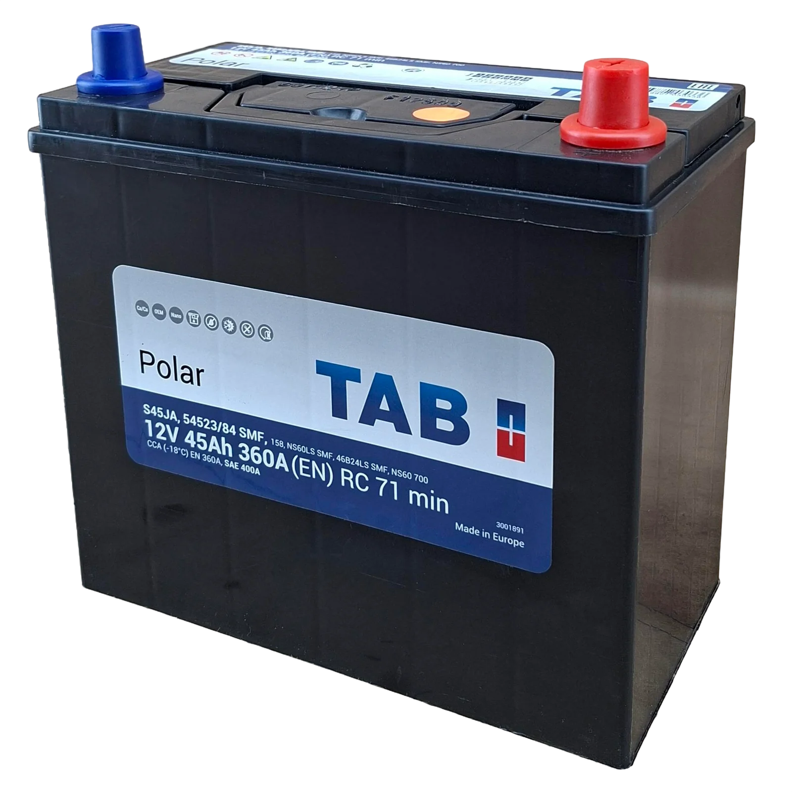 51R BCI; 400 CCA; 5X9X9"; 45 AH; 12 V; 54523/84 CAJA; POLARIDAD NO INVERTIDA; BATERIA TAB POLAR
