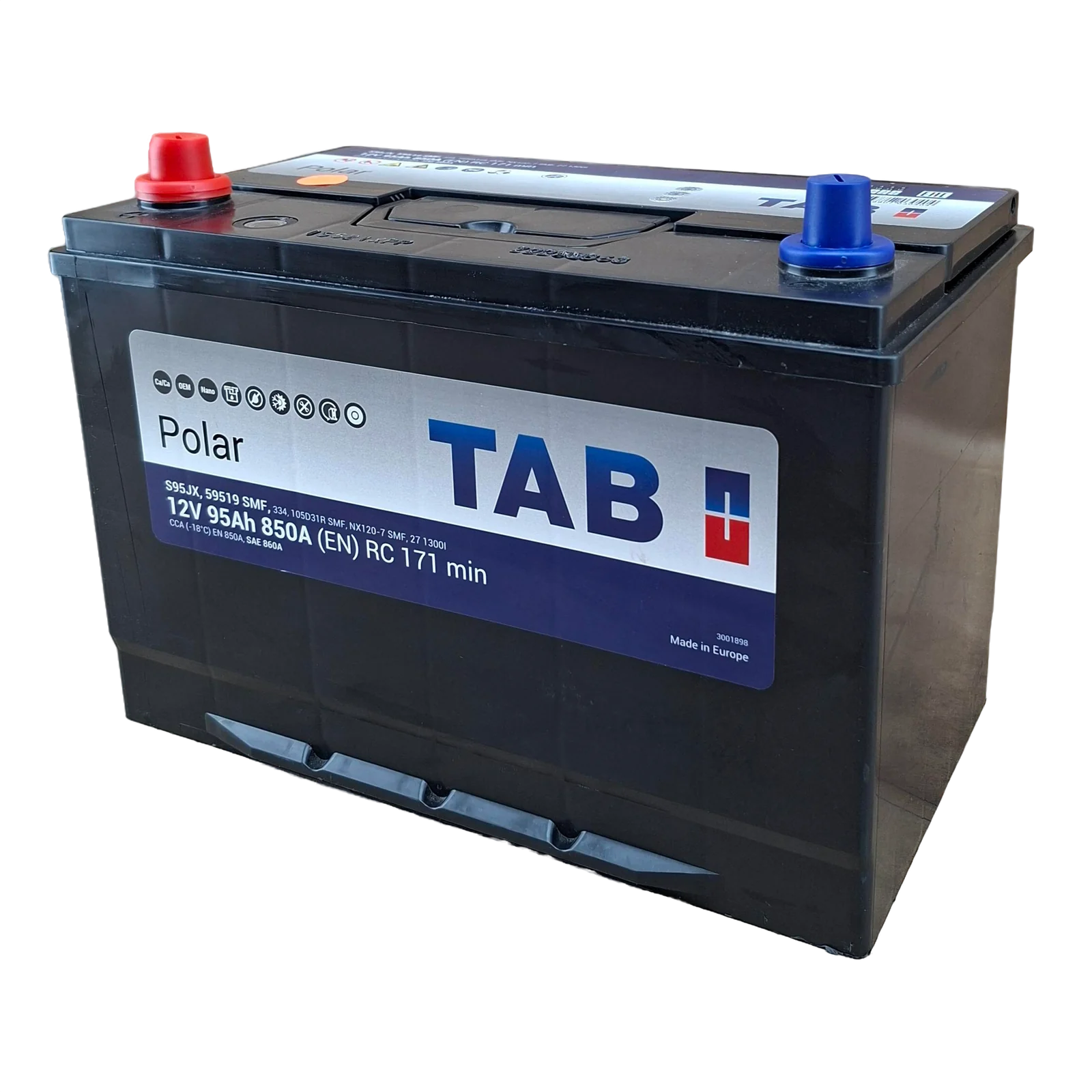 27F BCI; 860 CCA; 7X9X12¨; 95 AH; 12 V; 59518 CAJA; POLARIDAD INVERTIDA; BATERIA TAB POLAR