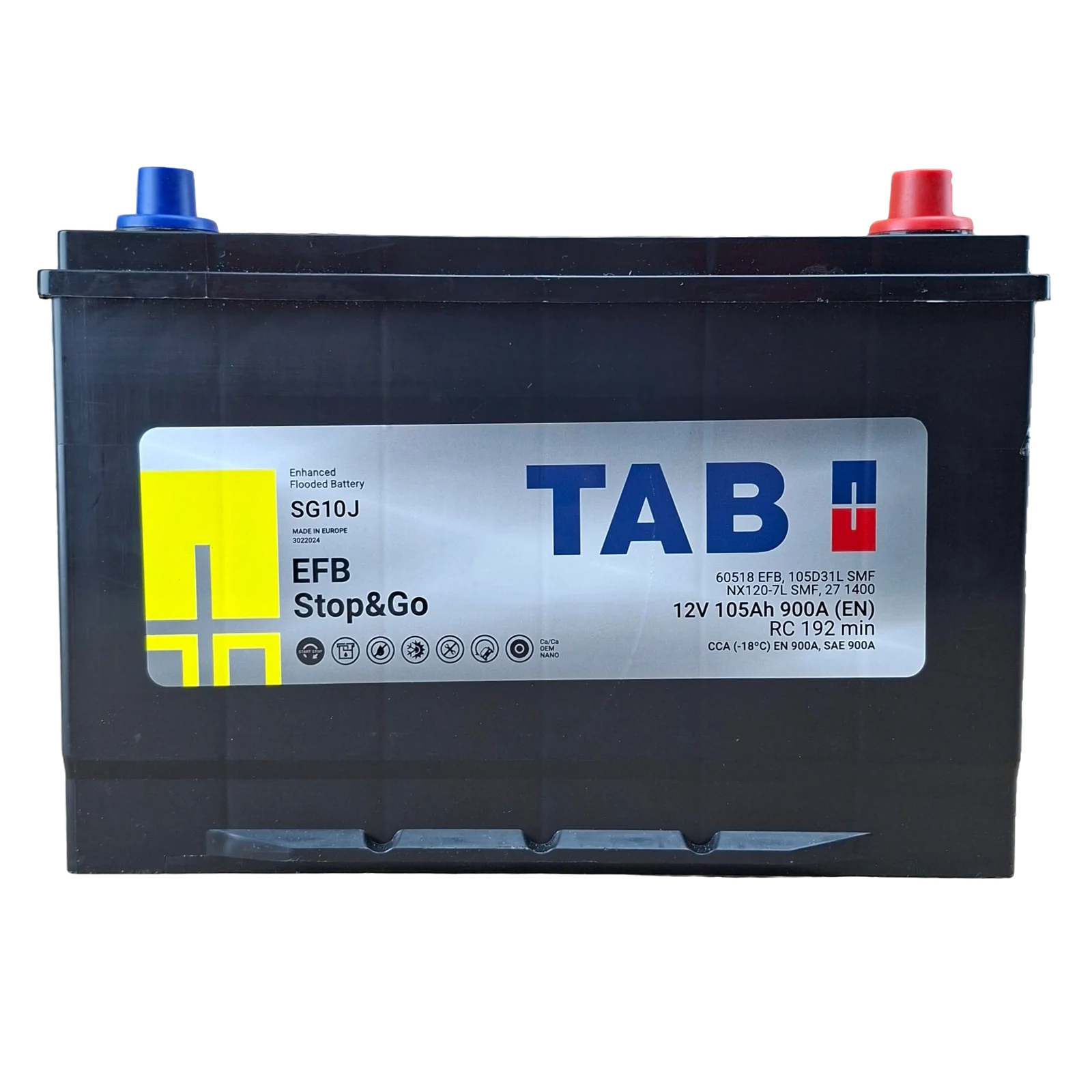 27 BCI; 900 CCA; 7X9X12¨; 105 AH; 12 V; 59518 CAJA; L200 TURBO 4D56 17; POLARIDAD NO INVERTIDA; BATERIA TAB EFB STOP & GO