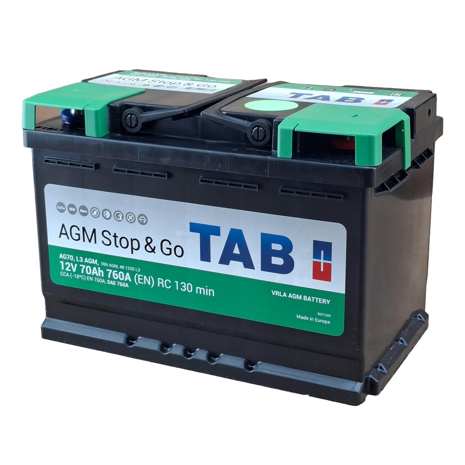 48 BCI; 760 CCA; 7X7X11¨; 75 AH; 12 V; L3; POLARIDAD NO INVERTIDA; BATERIA TAB AGM STOP & GO