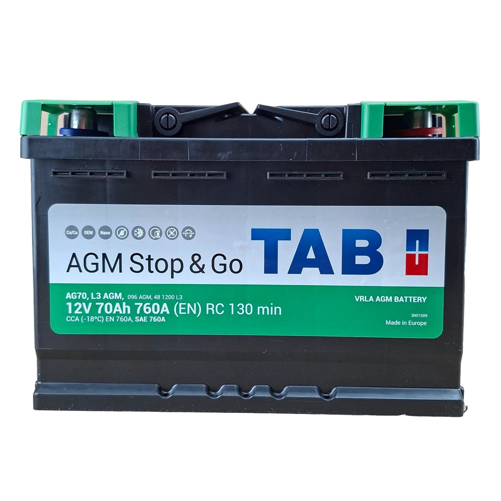 48 BCI; 760 CCA; 7X7X11¨; 75 AH; 12 V; L3; POLARIDAD NO INVERTIDA; BATERIA TAB AGM STOP & GO