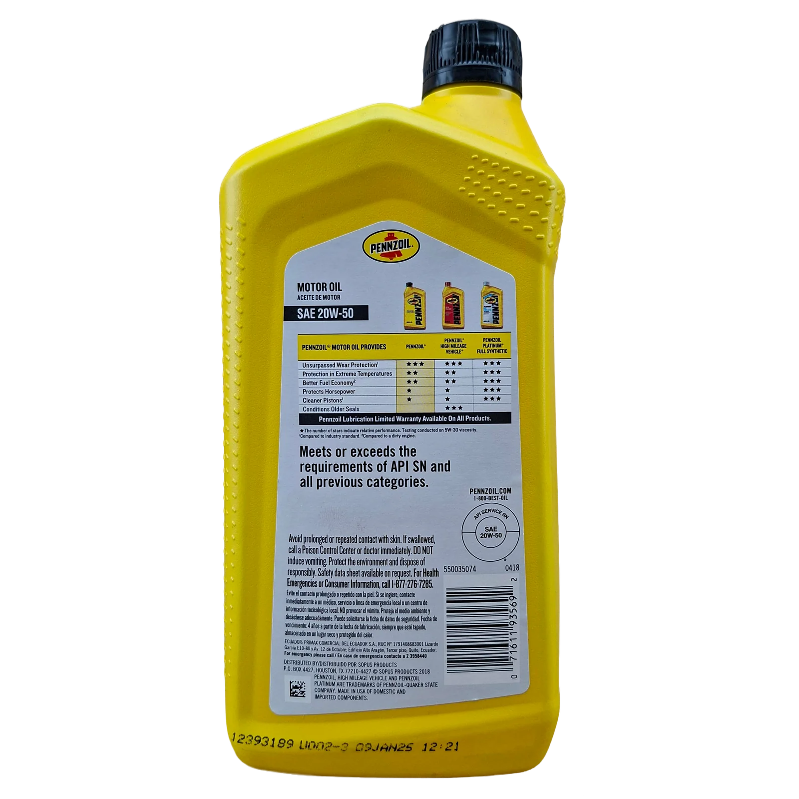 CUARTO ACEITE SAE20W50 PENNZOIL