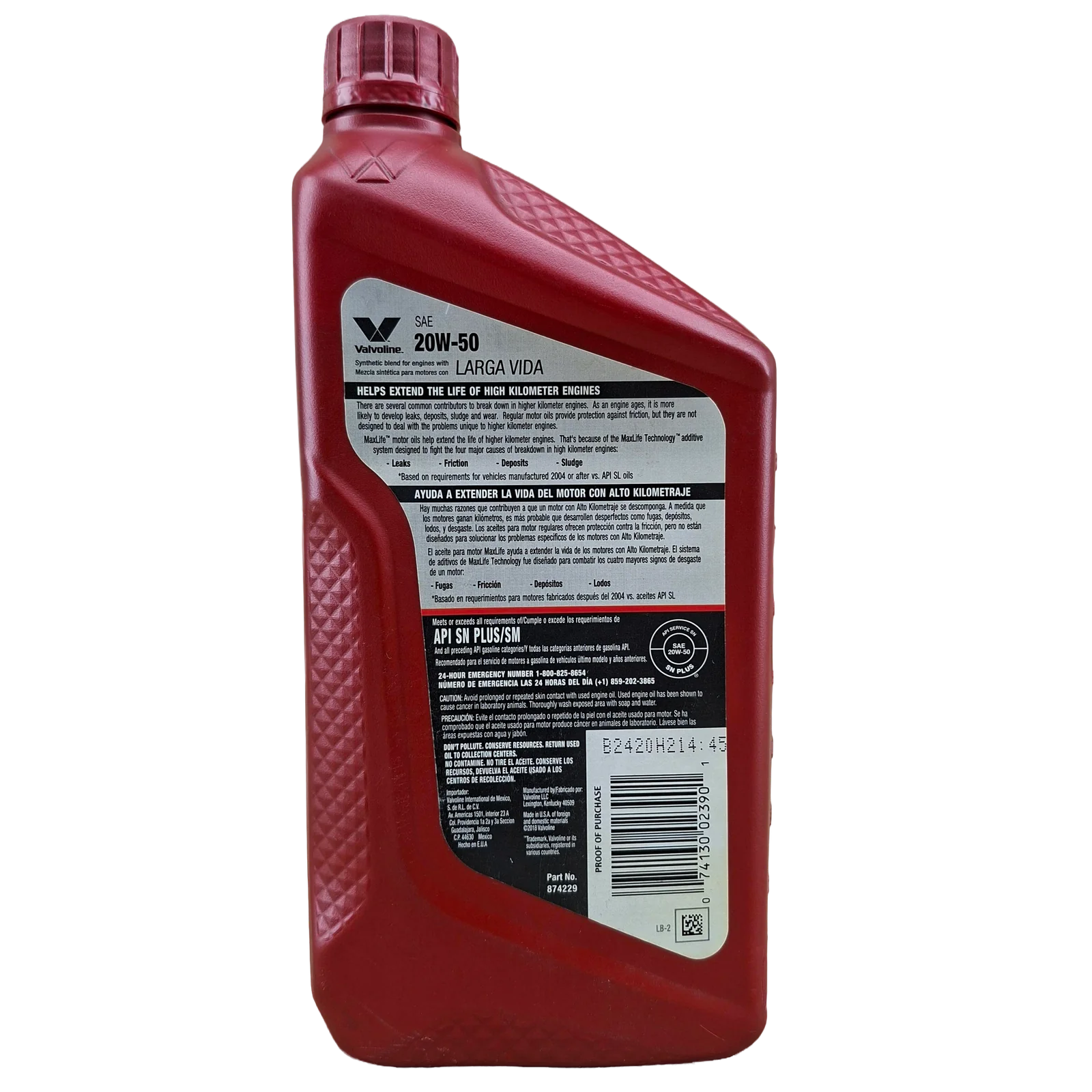 CUARTO 20W50 MAXLIFE VALVOLINE