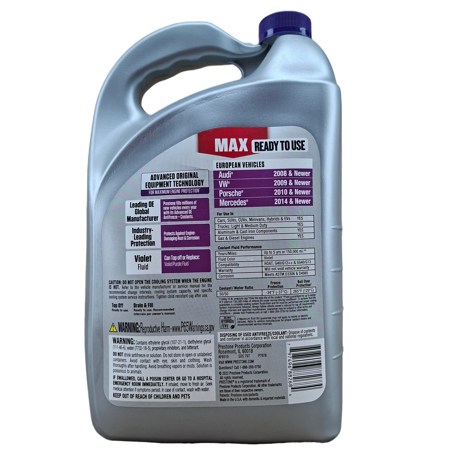 PRESTONE COOLANT PREMEZCLADO MORADO PARA VEHICUOS EUROPEOS VW, AUDI, PORSCHE, MERCEDES.