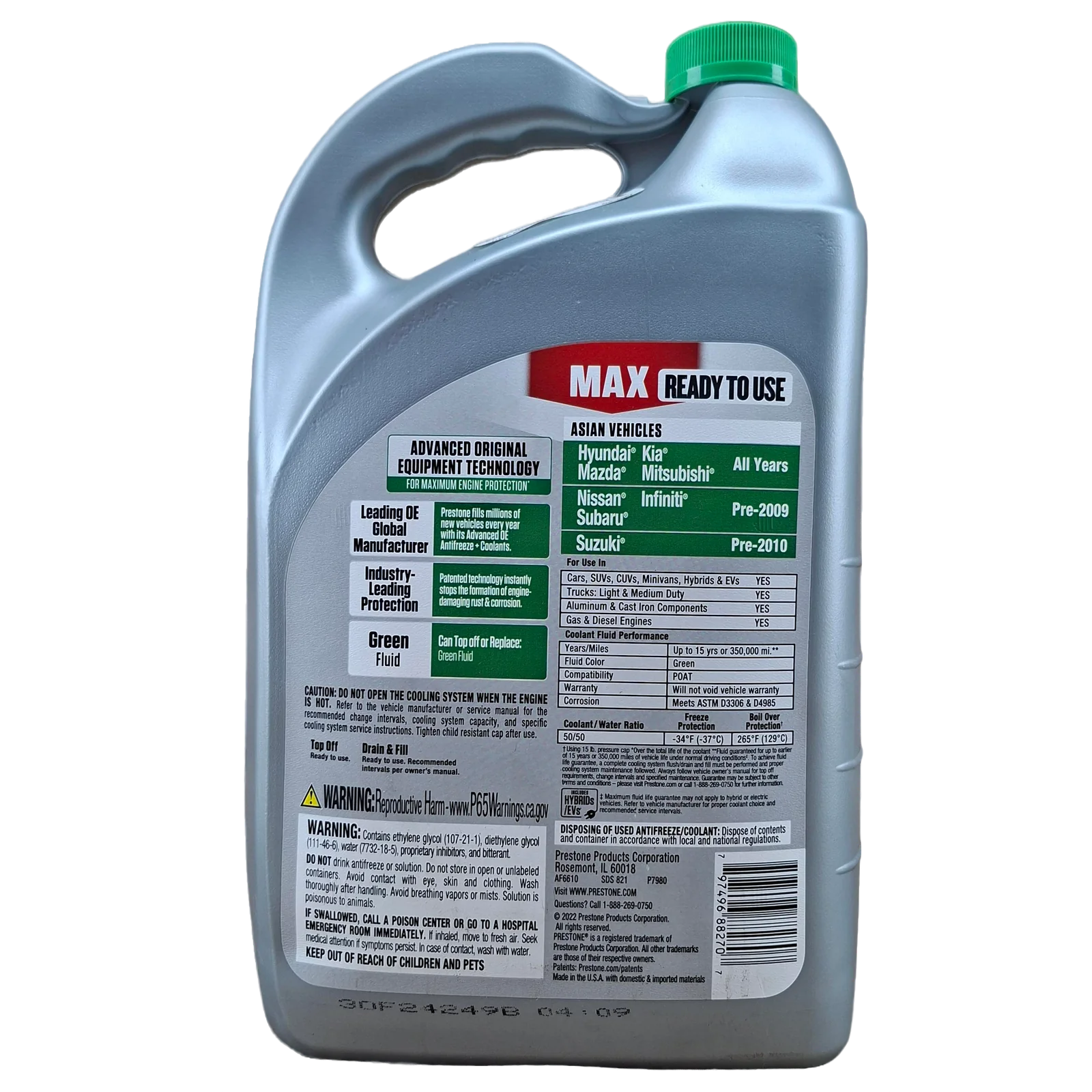 PRESTONE COOLANT PREMEZCLADO VERDE PARA VEHICUOS ASIATICOS HYUNDAI, KIA, MAZDA, MITSUBISHI, SUZUKI, NISSAN, INFINITI Y SUBARU