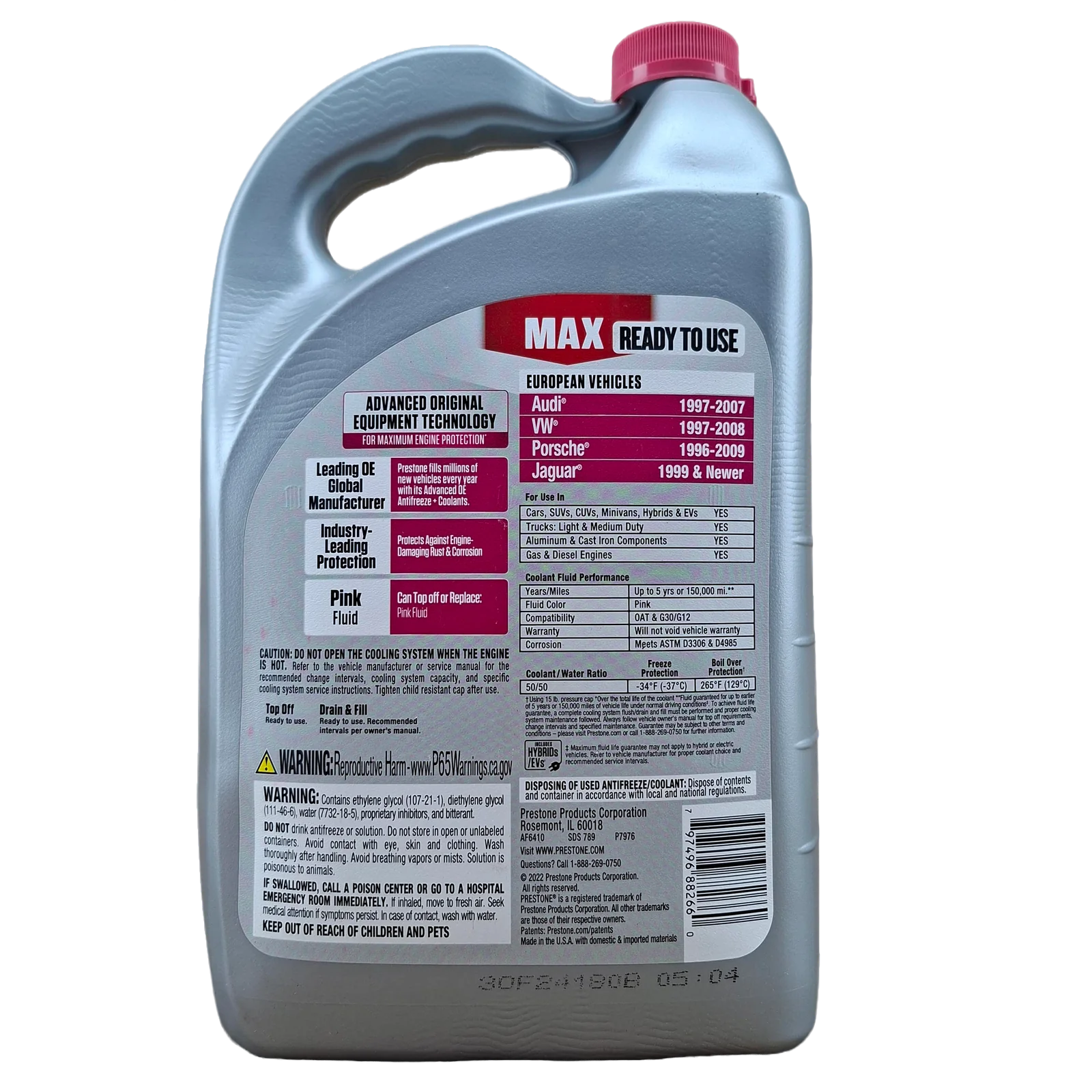 PRESTONE COOLANT PREMEZCLADO ROSADO PARA VEHICUOS EUROPEOS VW, AUDI, PORSCHE, JAGUAR