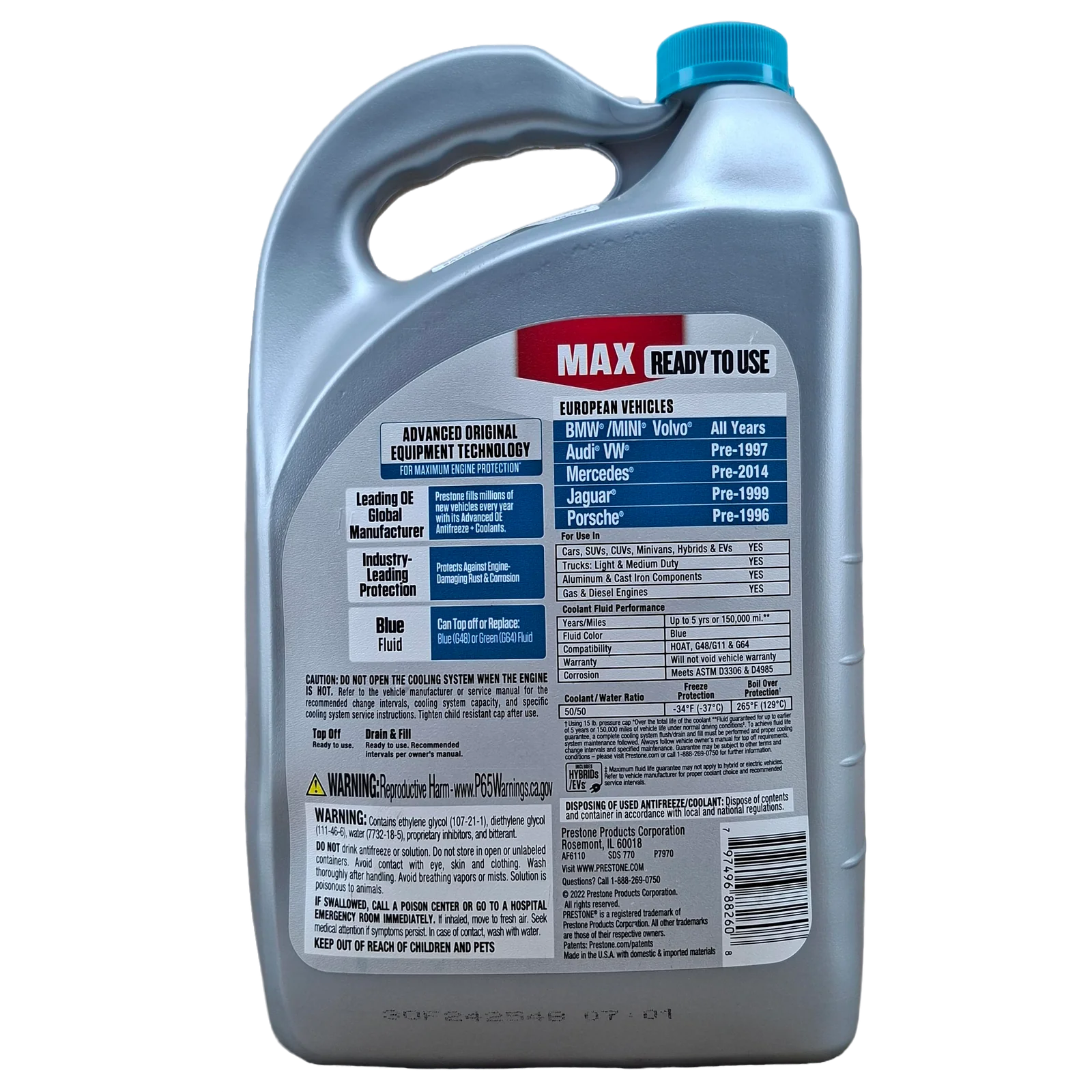 PRESTONE COOLANT PREMEZCLADO AZUL TURQUESA PARA VEHICUOS EUROPEOS BMW, MINI, VW, AUDI, MERCEDES, PORSCHE, JAGUAR