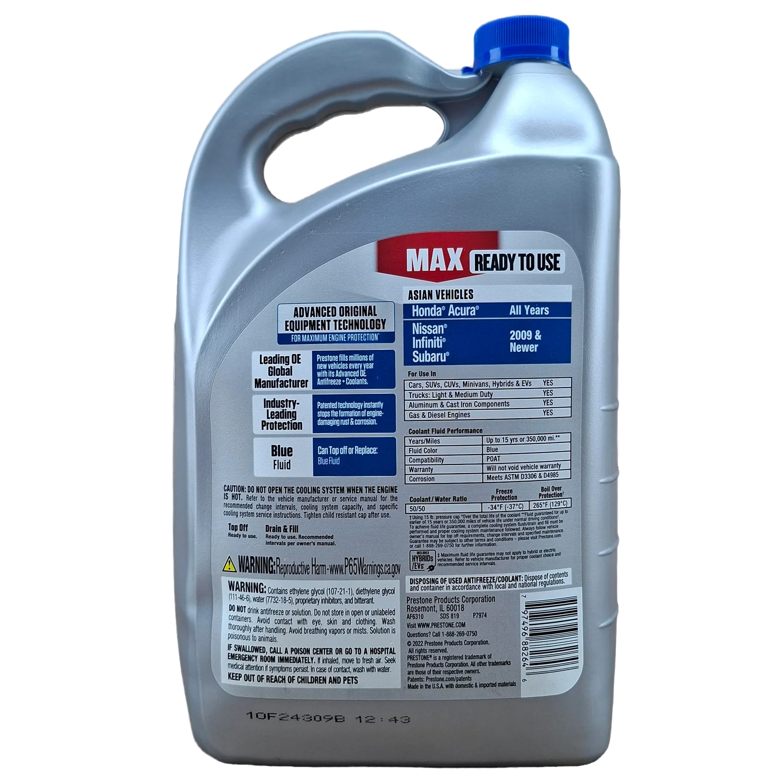 PRESTONE COOLANT PRE-MEZCLADO 50/50 GALON PARA VEHICULOS NISSAN, HONDA, HYUNDAI, KIA Y SUBARU